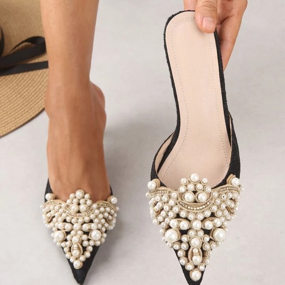 Black Faux Pearl Decor Kitten Heeled Mules - Picture 2 of 6